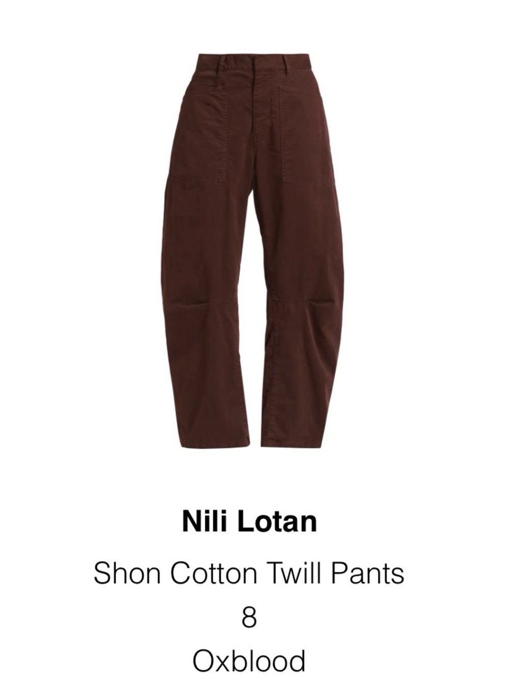 Nili Lotan Shon Cotton Twill pant, 8, oxblood